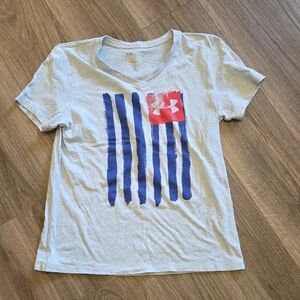 Under Armour Womens Tee with Blue Stripes and Red Logo